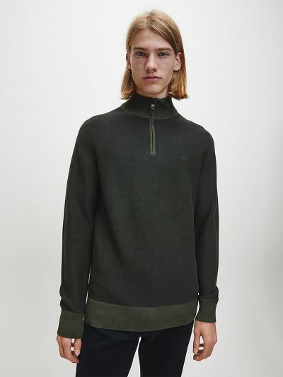 Calvin Klein Ruhák HU585381 | Calvin Klein Organic Cotton Zip Neck Férfi Pulóver Sötét Olivazöld